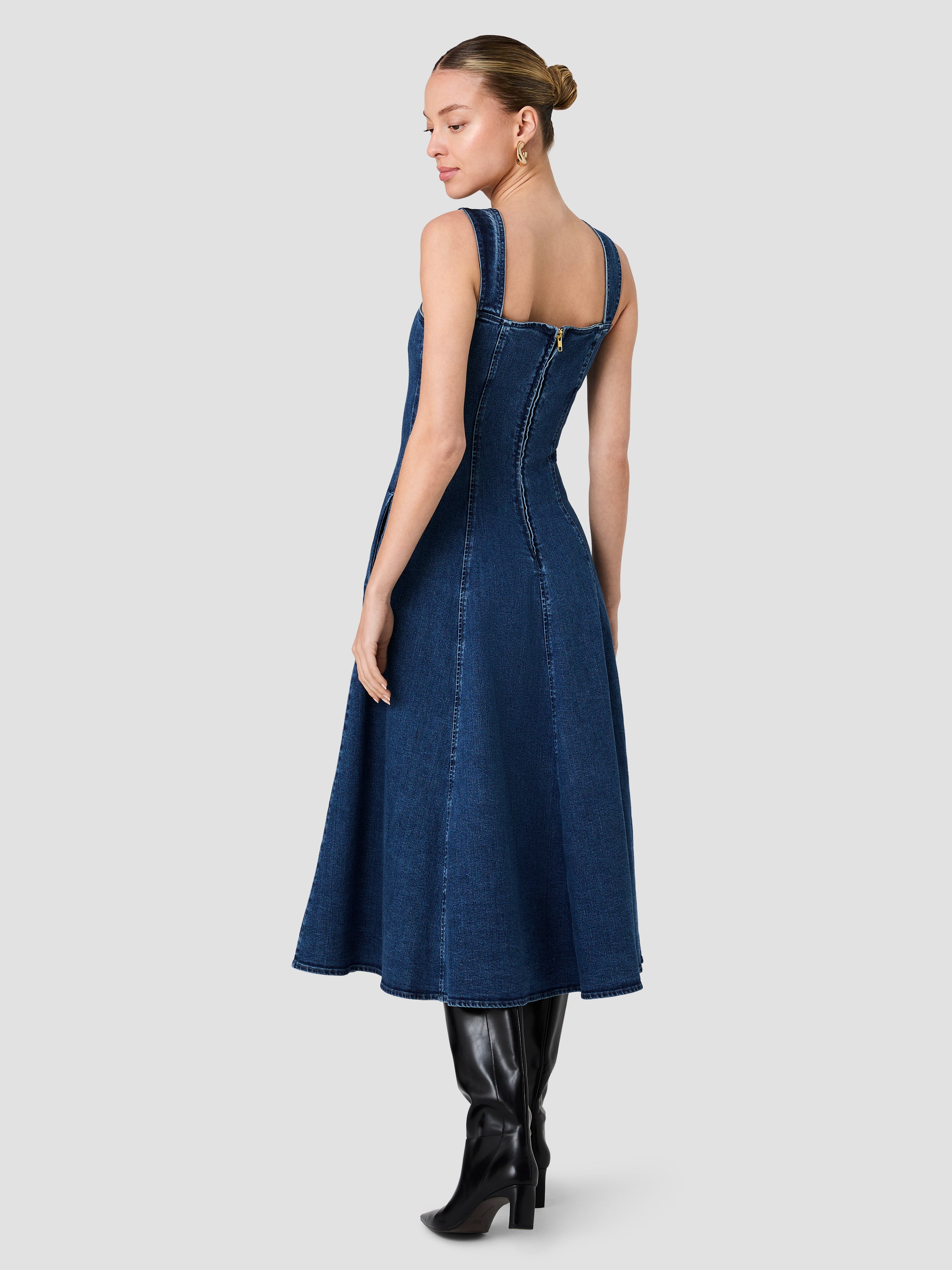 DELANCEY DENIM FLARE MIDI DRESS VIEW 3