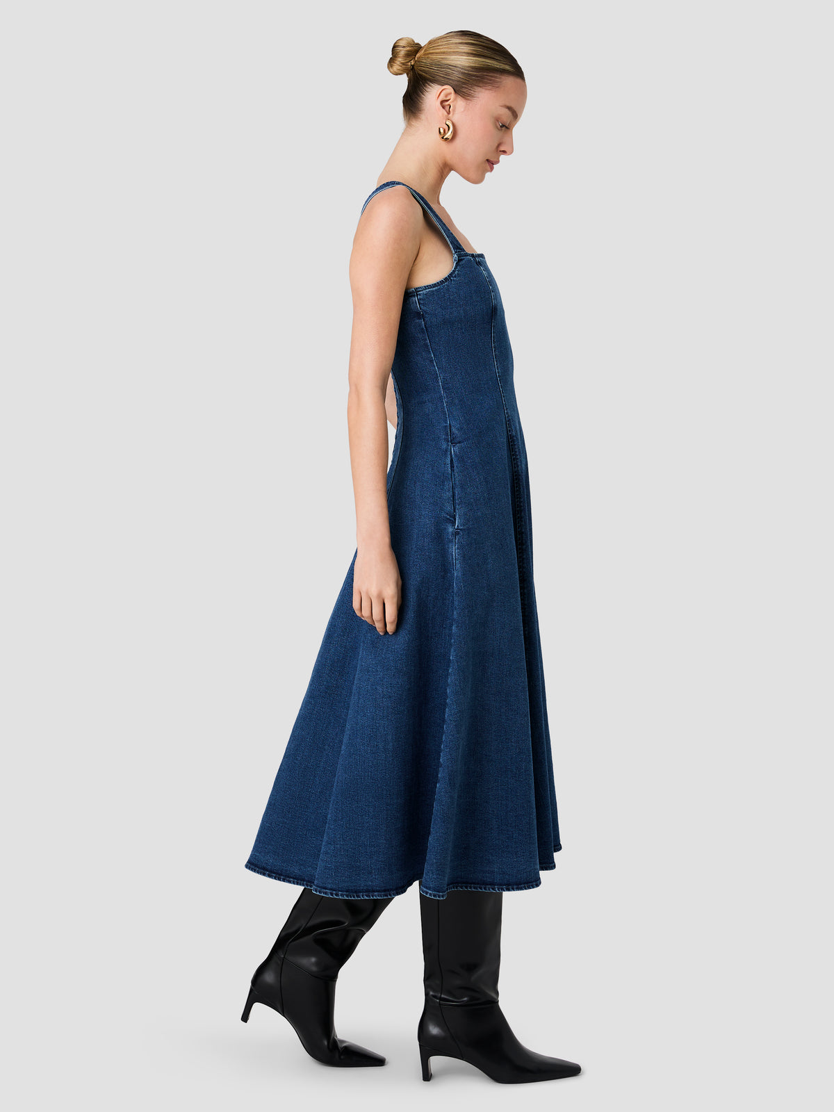 DELANCEY DENIM FLARE MIDI DRESS VIEW 4