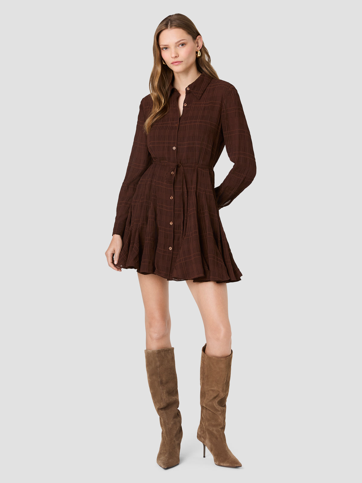 CHIFFON TEXTURE PLAID LONG SLEEVE TIE DRESS VIEW 6 | New Arrivals
