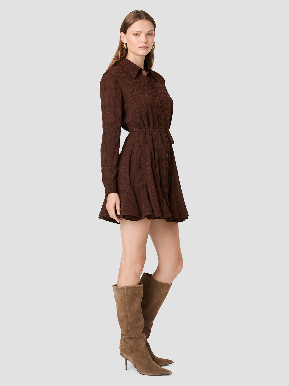CHIFFON TEXTURE PLAID LONG SLEEVE TIE DRESS VIEW 5 | New Arrivals