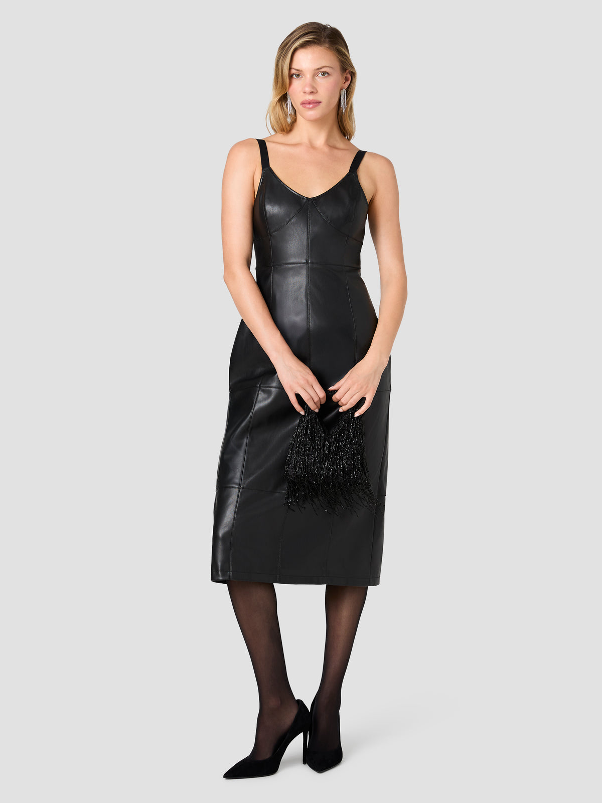 DESSA FAUX LEATHER V-NECK MIDI DRESS View 1 | Best Sellers