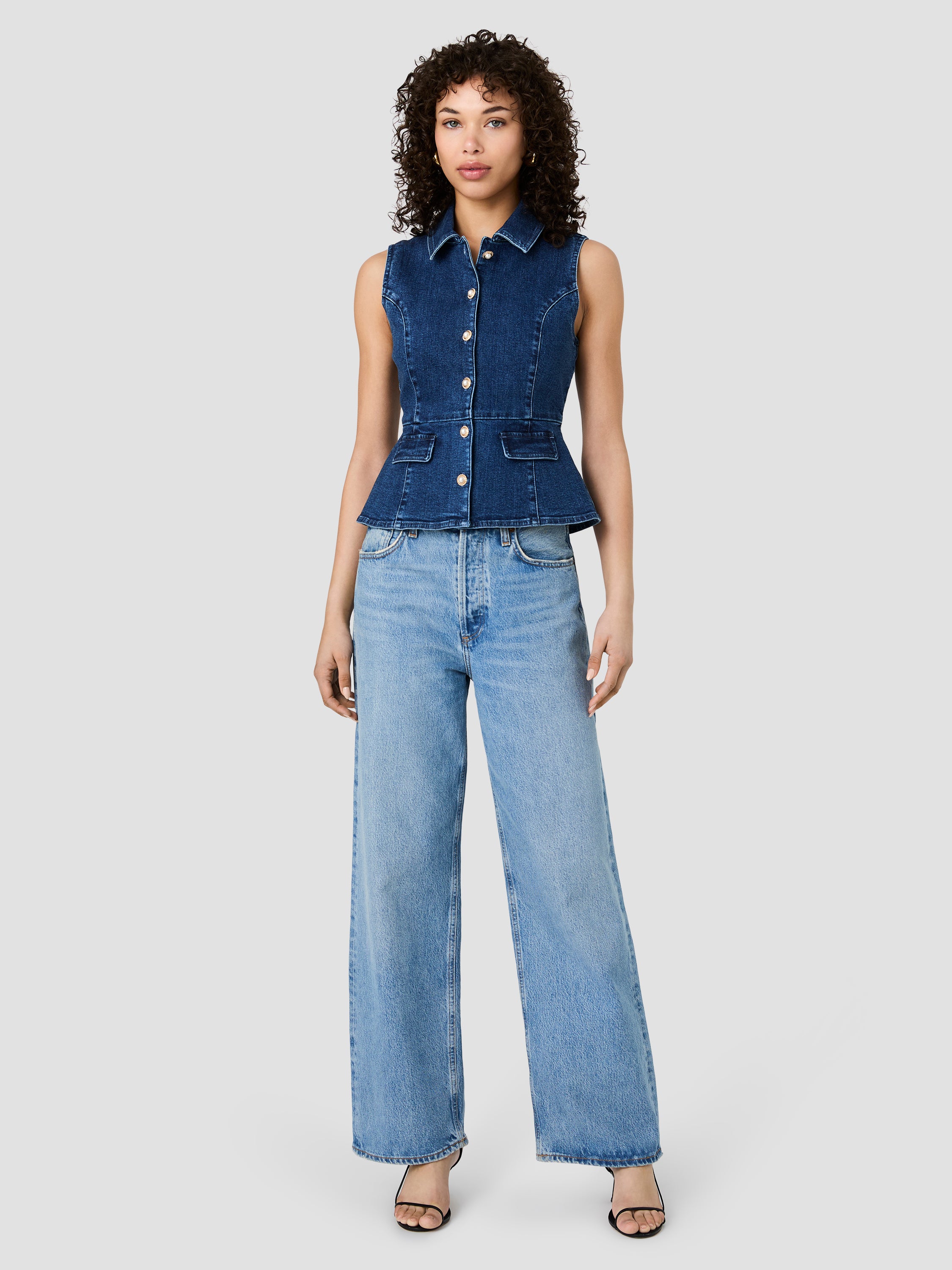 DELANCEY DENIM BUTTON FRONT PEPLUM TOP VIEW 6