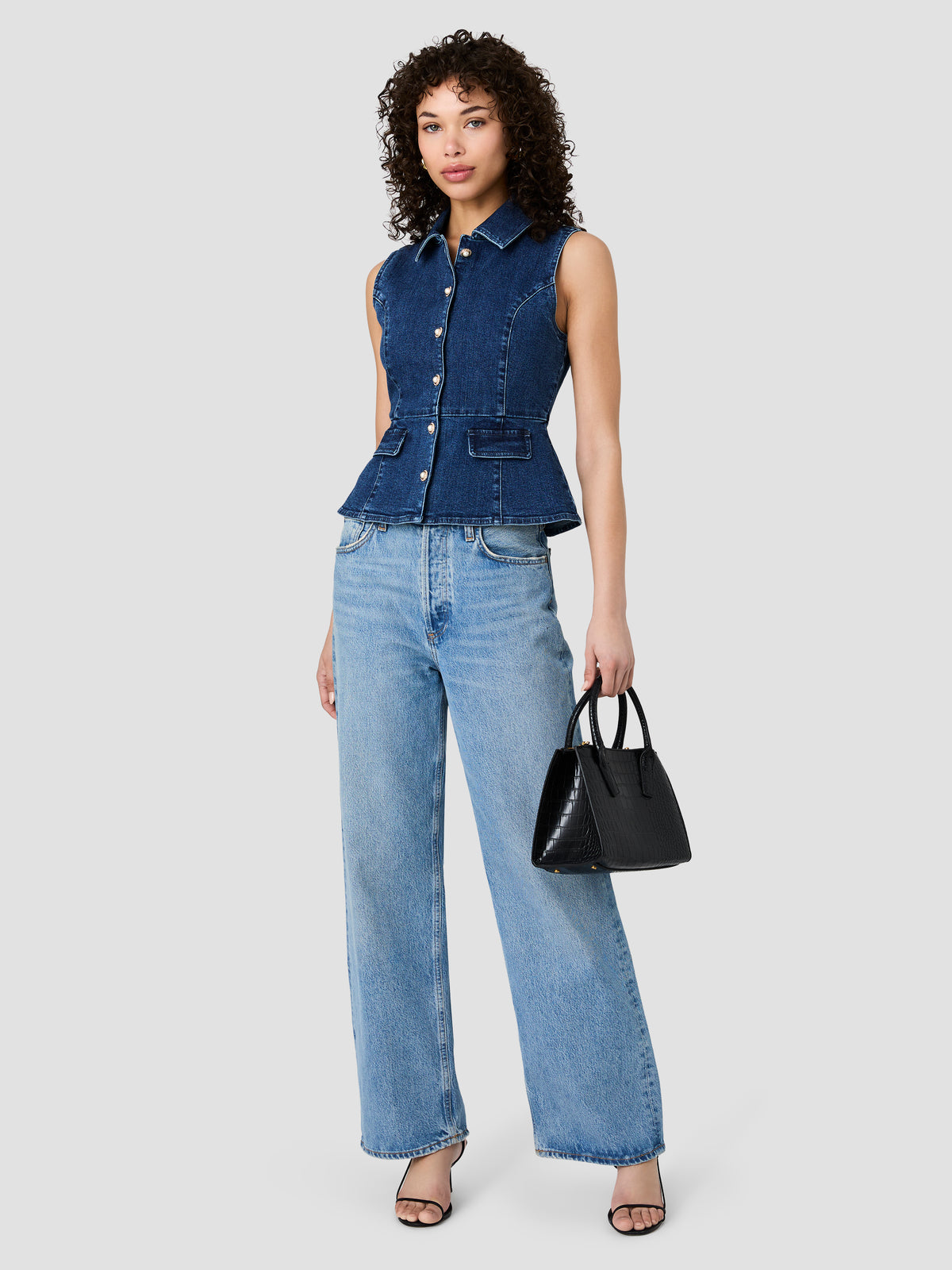 DELANCEY DENIM BUTTON FRONT PEPLUM TOP View 1 | New Arrivals