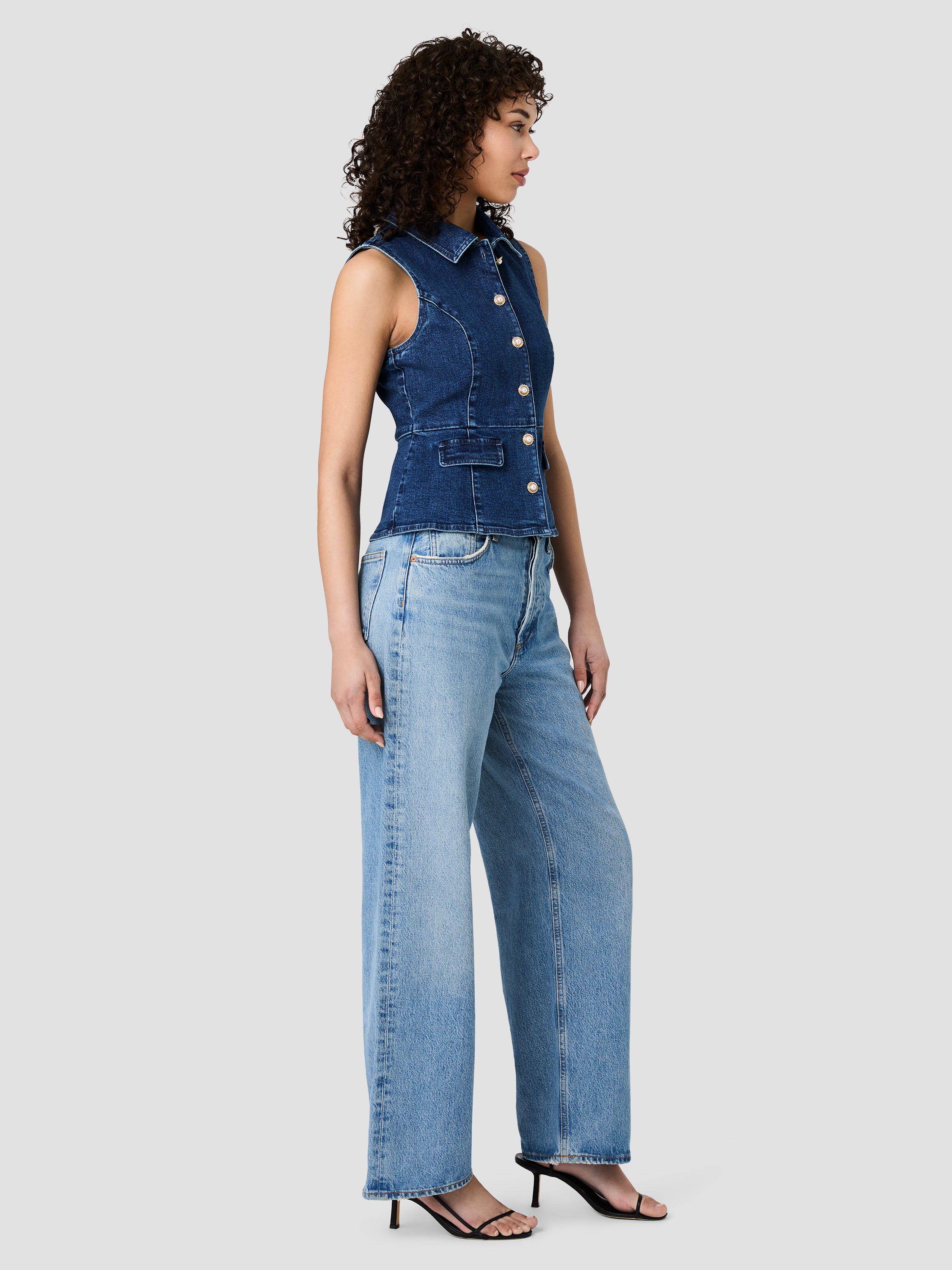 DELANCEY DENIM BUTTON FRONT PEPLUM TOP VIEW 4