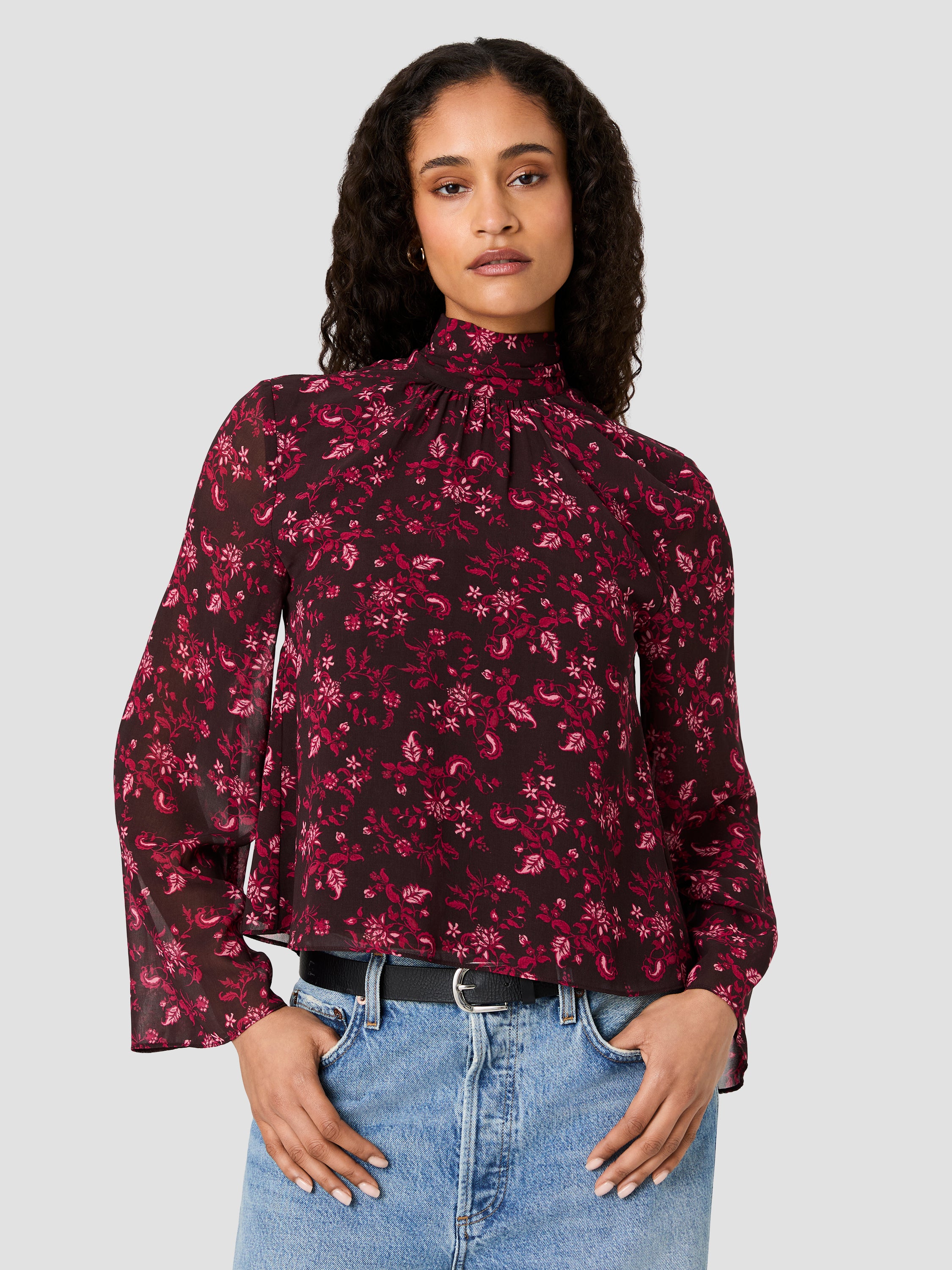 MARINA SILKY CHIFFON TIE NECK LONG SLEEVE TOP VIEW 2