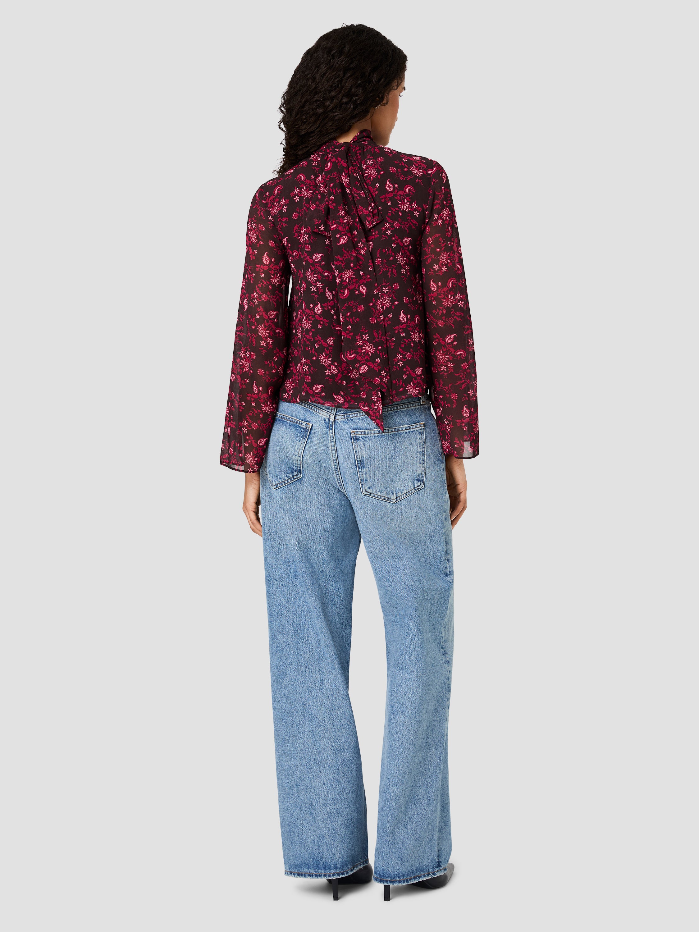 MARINA SILKY CHIFFON TIE NECK LONG SLEEVE TOP VIEW 4