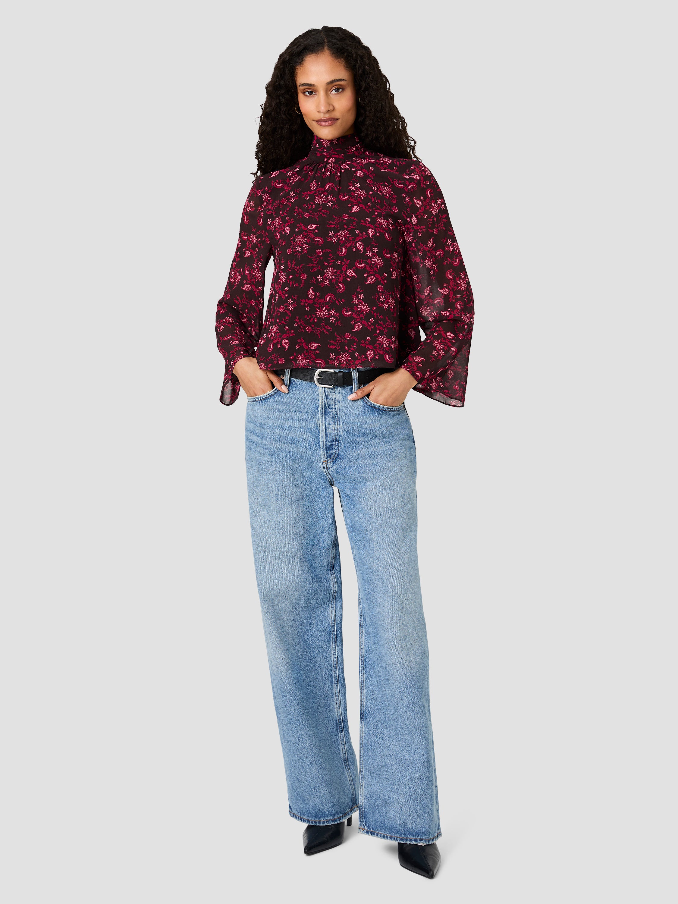 MARINA SILKY CHIFFON TIE NECK LONG SLEEVE TOP VIEW 6