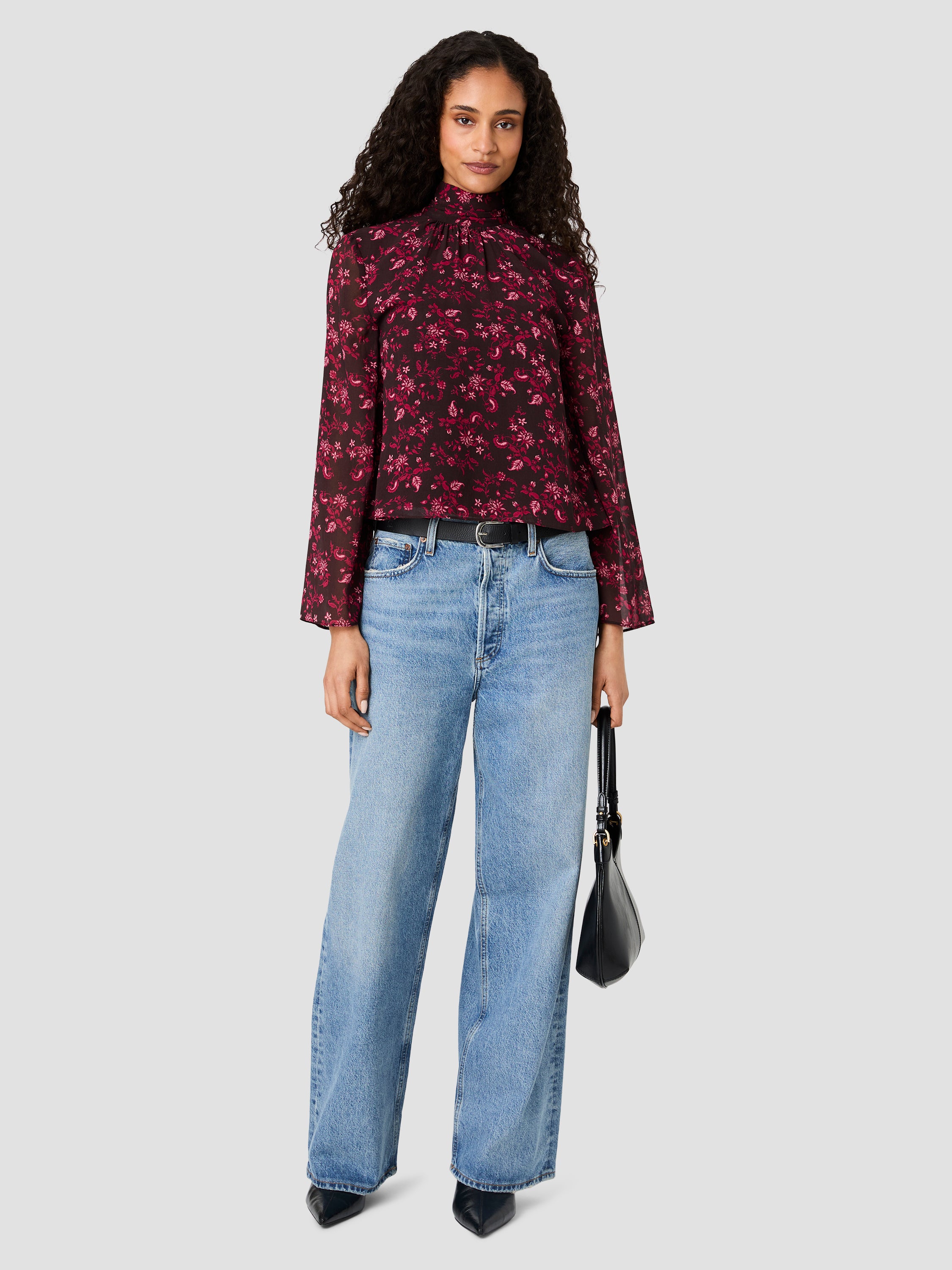 MARINA SILKY CHIFFON TIE NECK LONG SLEEVE TOP VIEW 1