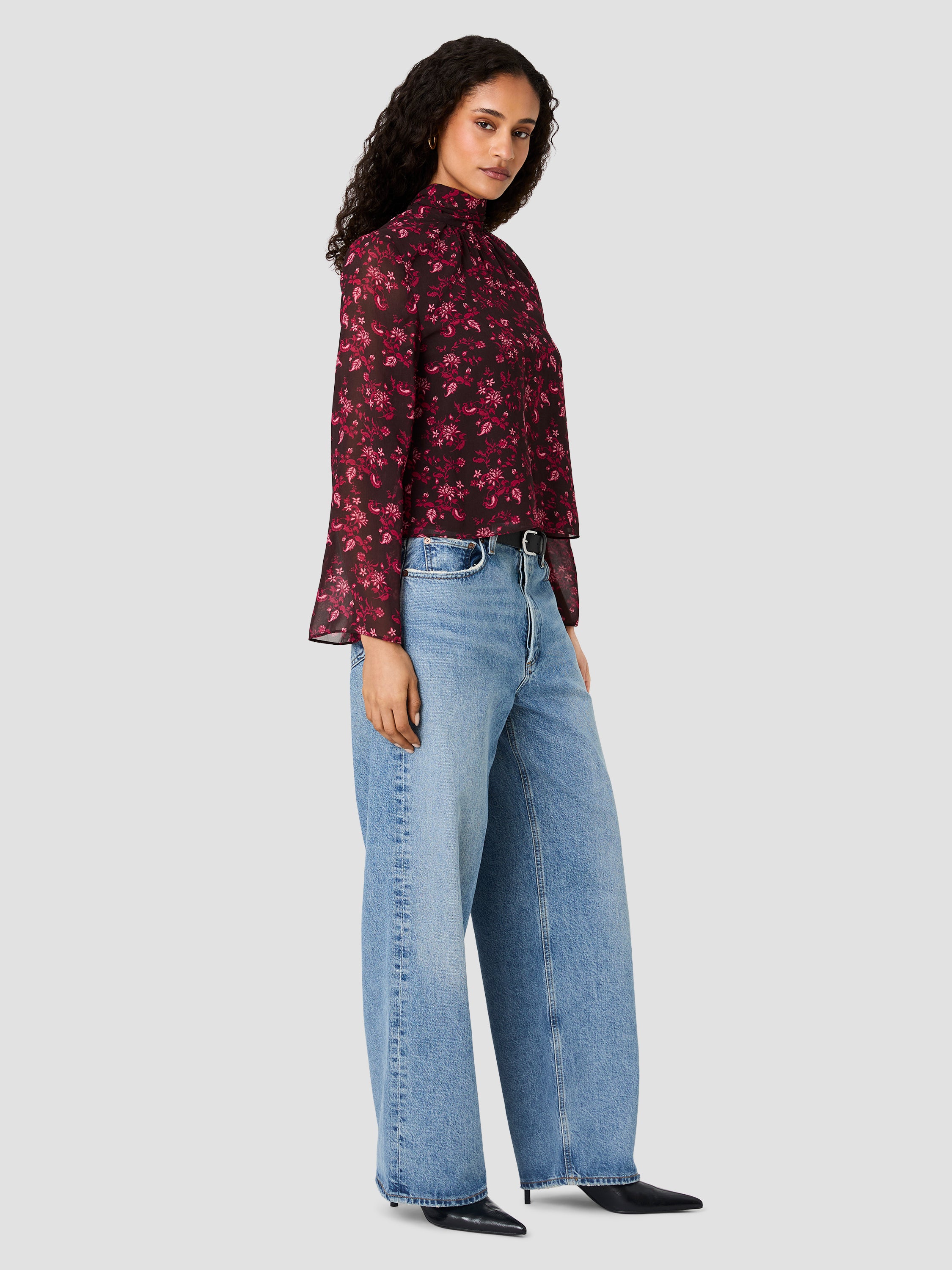 MARINA SILKY CHIFFON TIE NECK LONG SLEEVE TOP VIEW 5