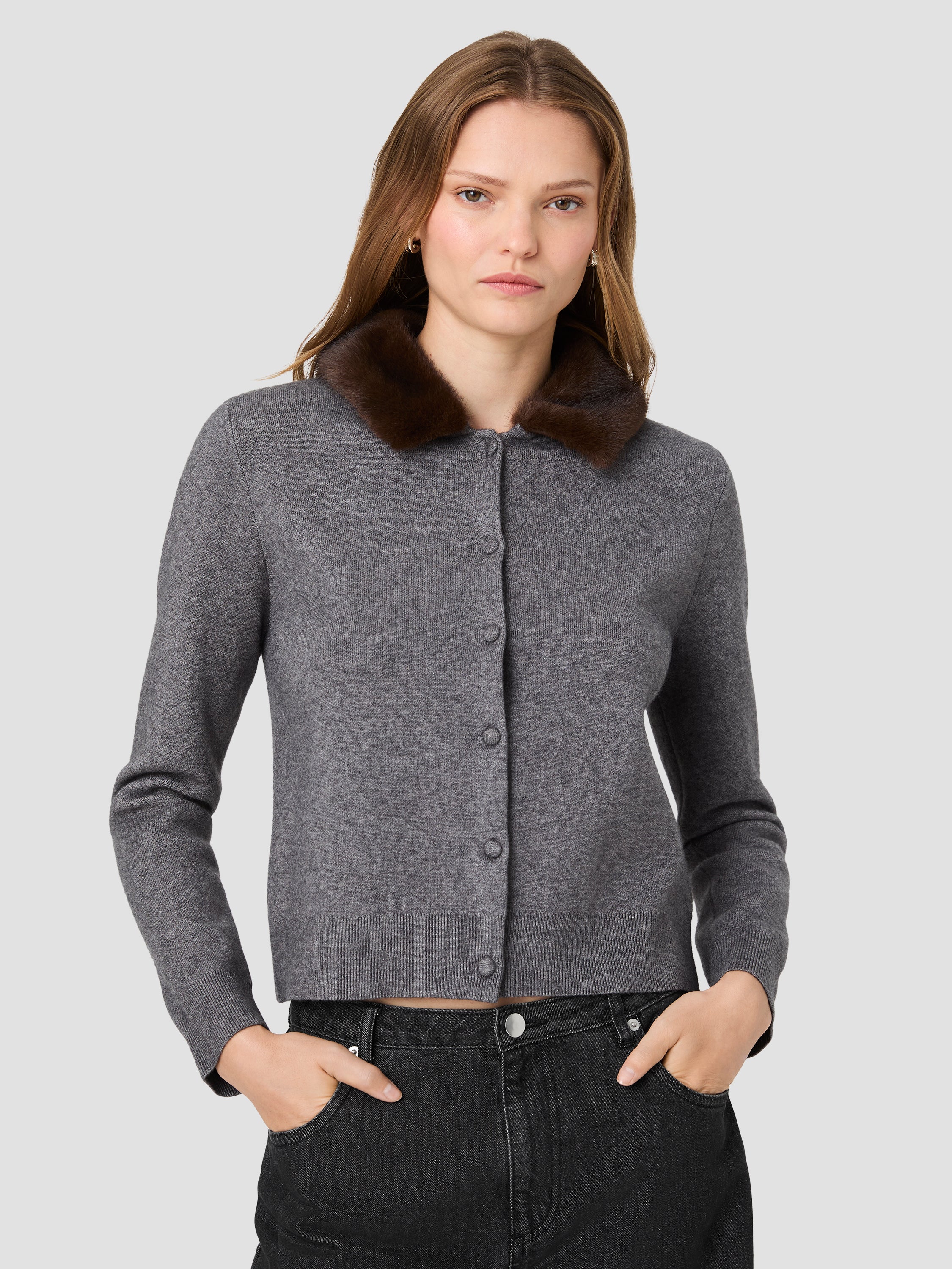 SLOANE KNIT COMBO FAUX FUR COLLAR CARDIGAN VIEW 2