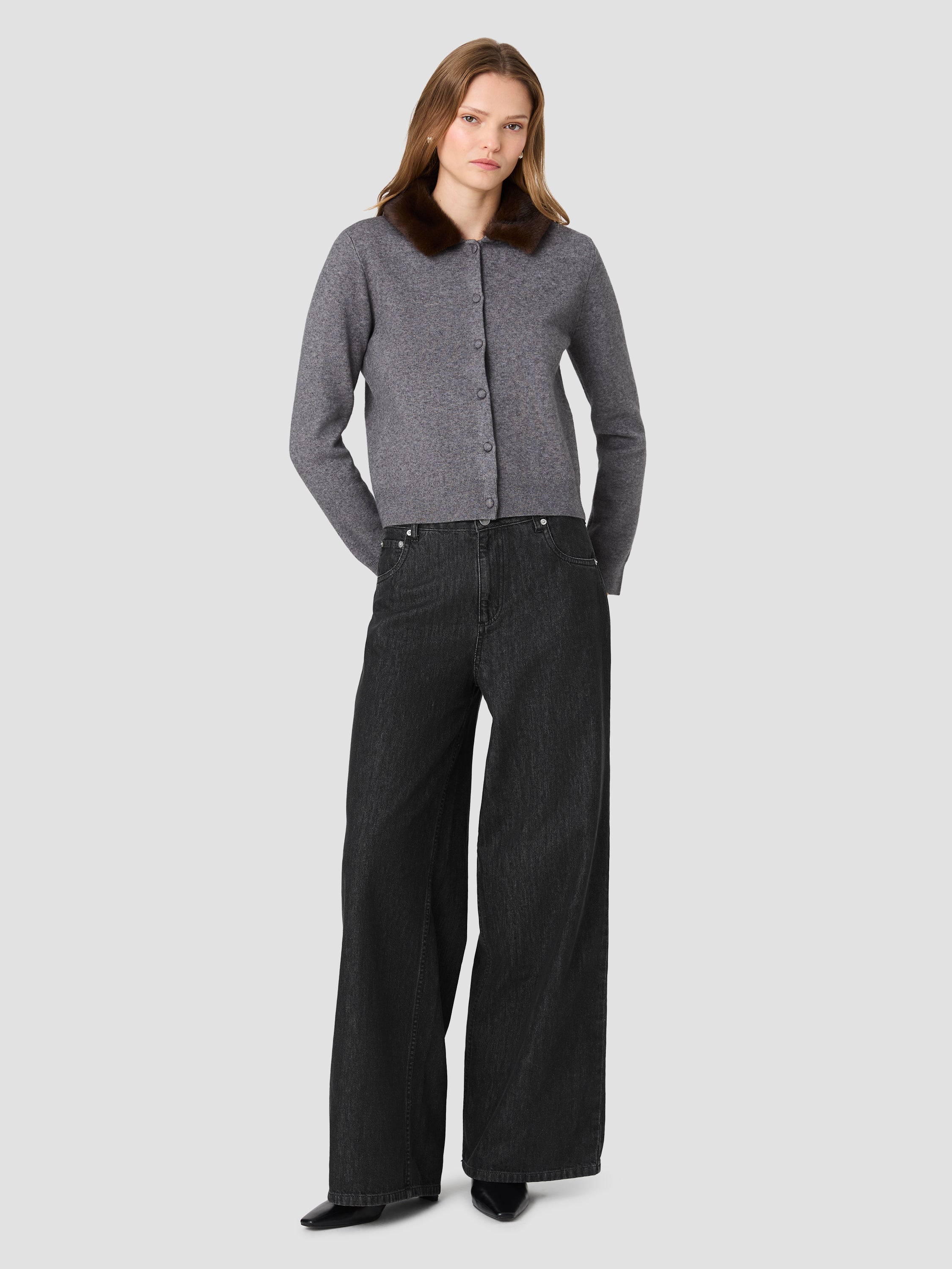 SLOANE KNIT COMBO FAUX FUR COLLAR CARDIGAN VIEW 6