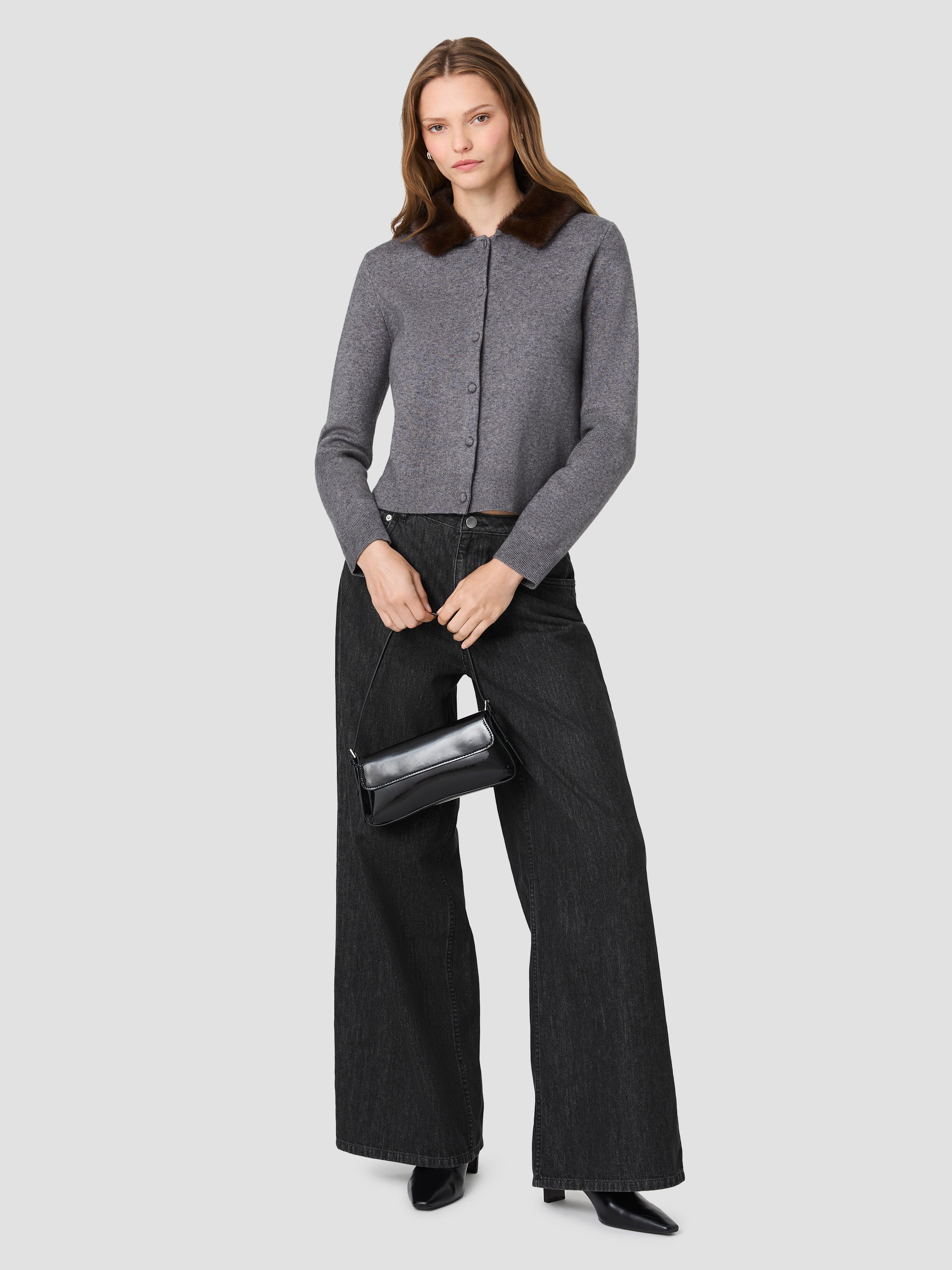 SLOANE KNIT COMBO FAUX FUR COLLAR CARDIGAN VIEW 1