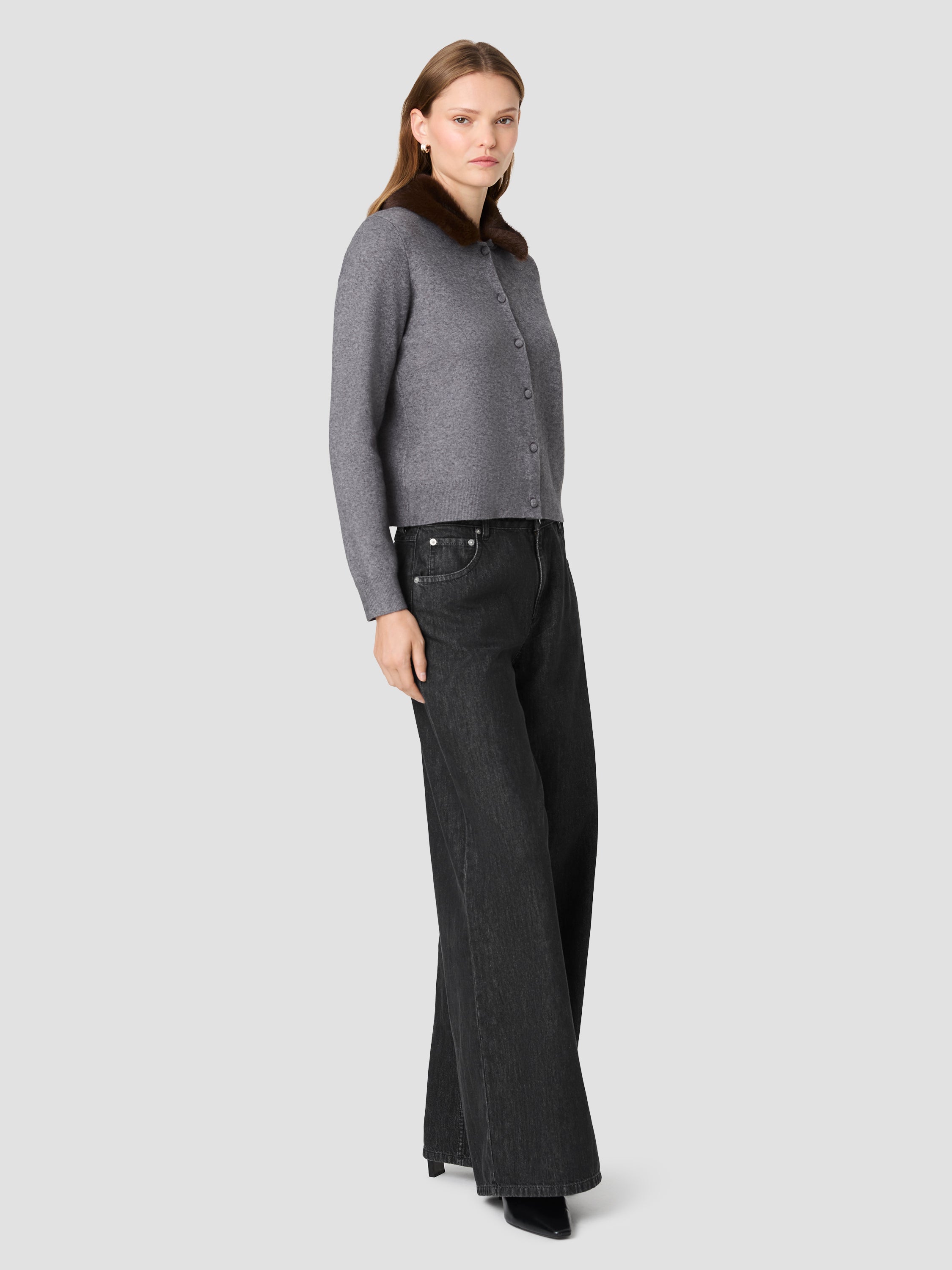 SLOANE KNIT COMBO FAUX FUR COLLAR CARDIGAN VIEW 5