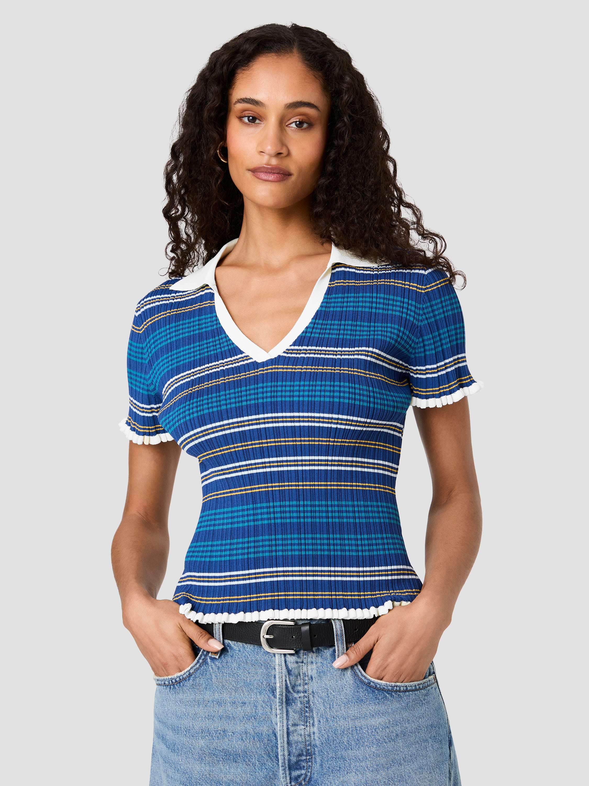 CRINKLE KNIT RIB MULTI STRIPE TOP View 1 | Shirts & Tops