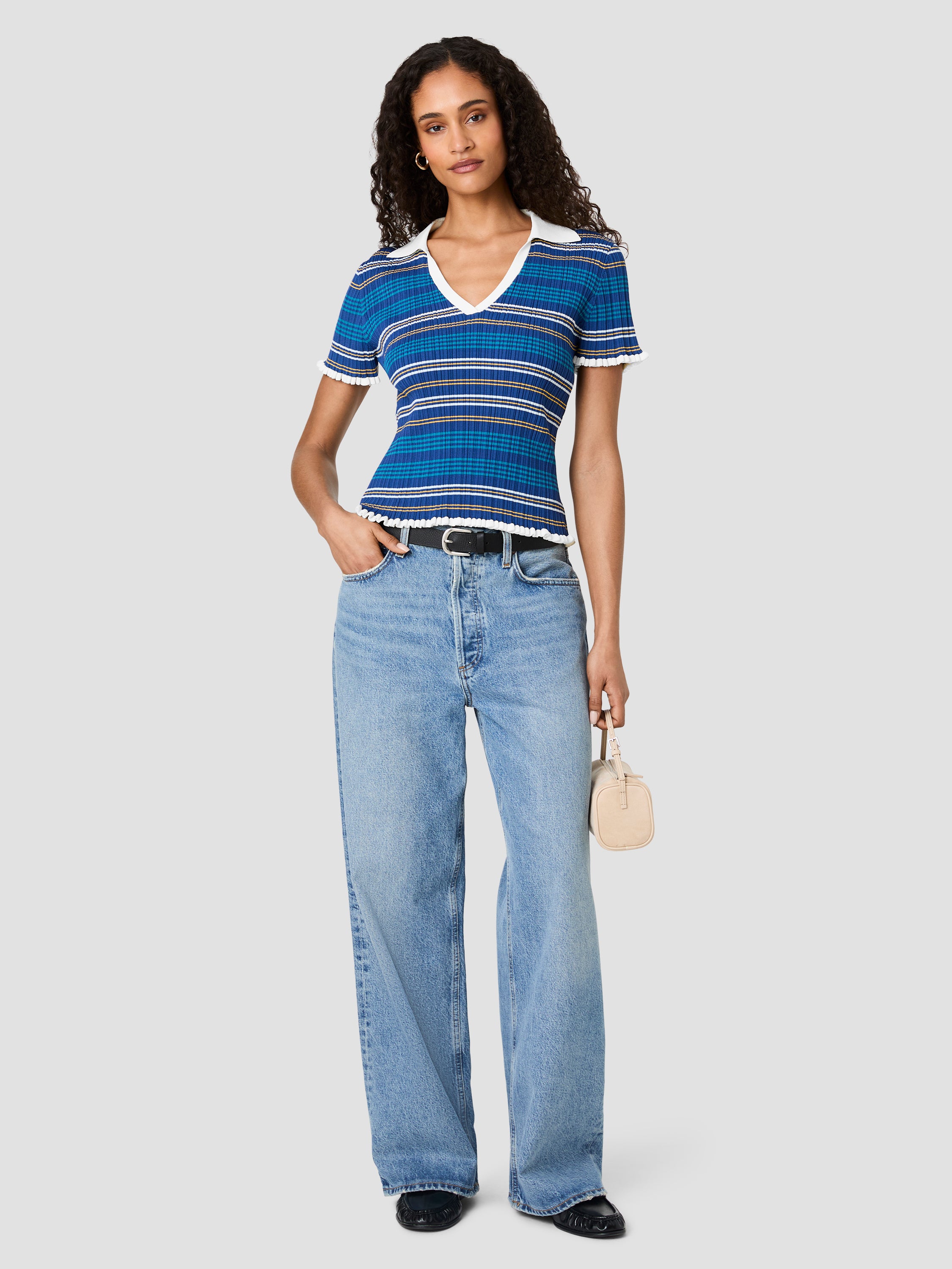 CRINKLE KNIT RIB MULTI STRIPE TOP View 2 | Shirts & Tops