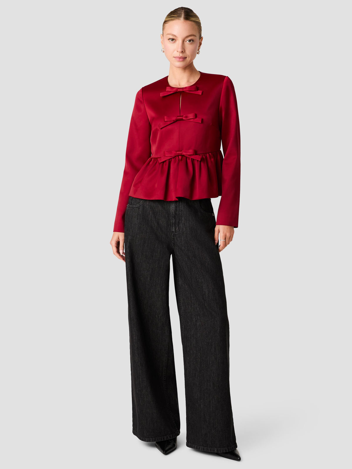 CAREY SATIN BOXY BOW PEPLUM LONG SLEEVE TOP VIEW 6 | Shirts & Tops