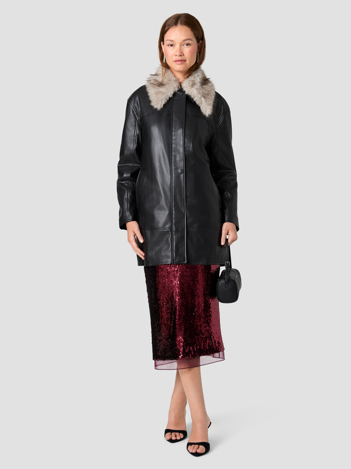 DESSA FAUX LEATHER WITH FUR COLLAR COAT View 1