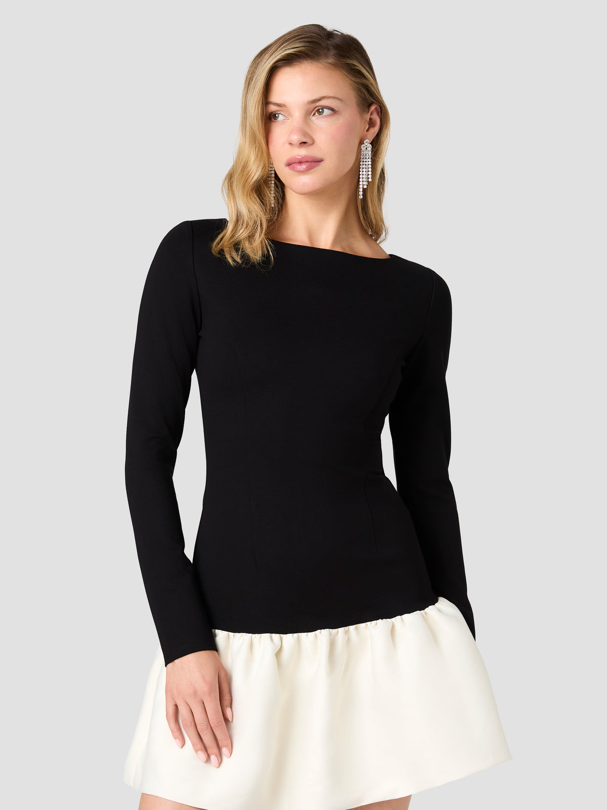 CLEO PONTE STRUCTURED TAFFETA BOATNECK MINI DRESS VIEW 2