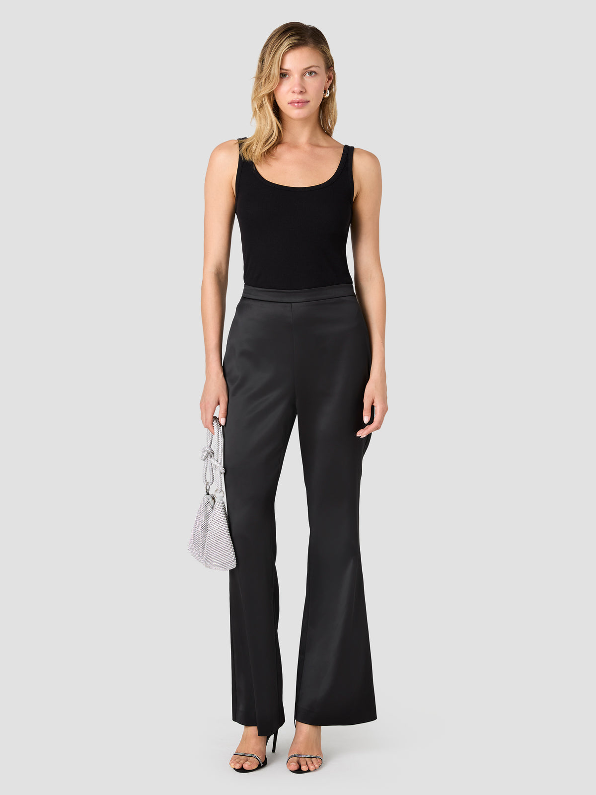 MAELYS STRETCH SATIN FLARE TROUSERS VIEW 1