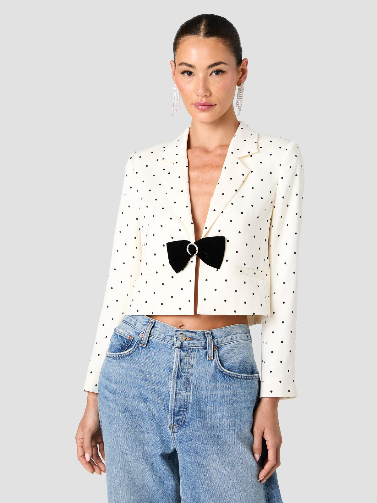 MAELYS STRETCH SATIN POLKA DOT CROPPED JACKET View 2 | The Layering Shop
