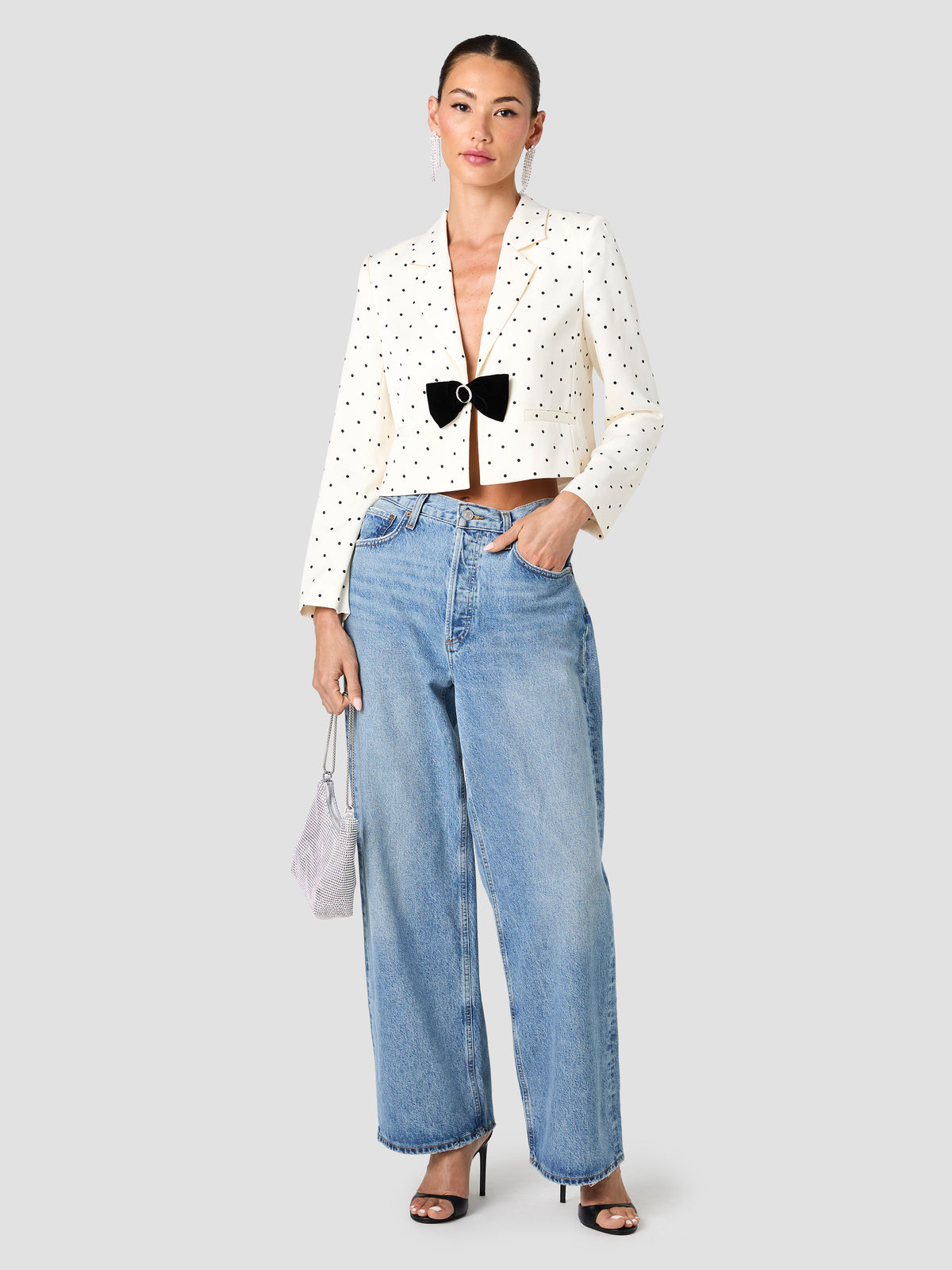 MAELYS STRETCH SATIN POLKA DOT CROPPED JACKET View 1 | The Layering Shop