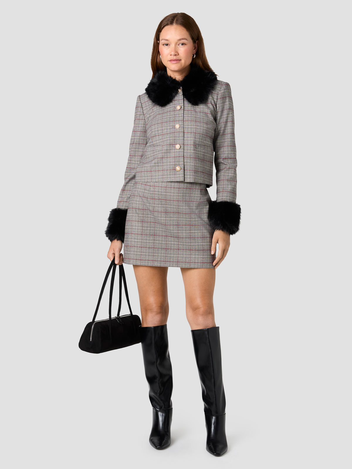 LEONIE TARTAN PLAID WITH FUR COMBO JACKET VIEW 1