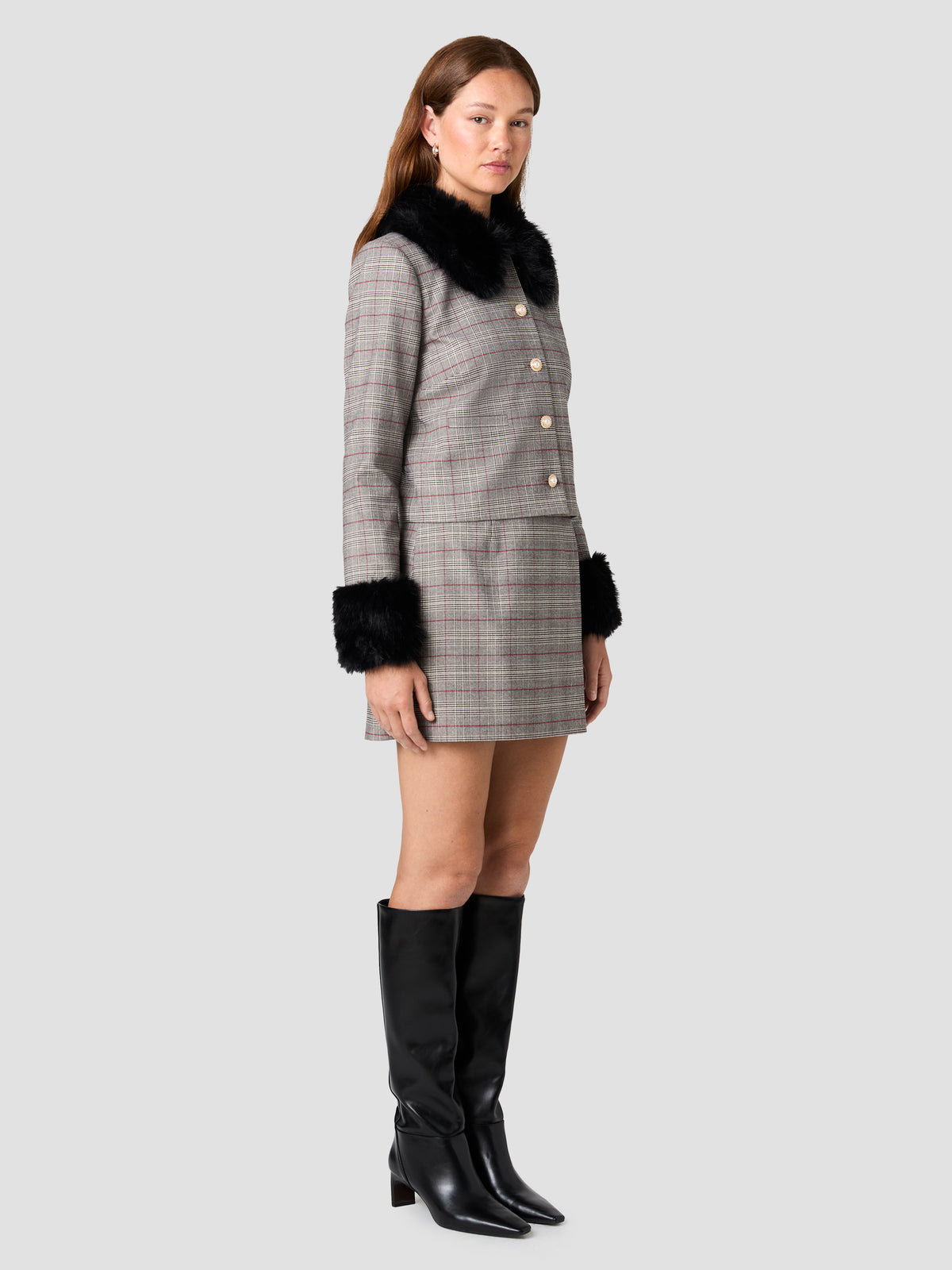 LEONIE TARTAN PLAID WITH FUR COMBO JACKET VIEW 5