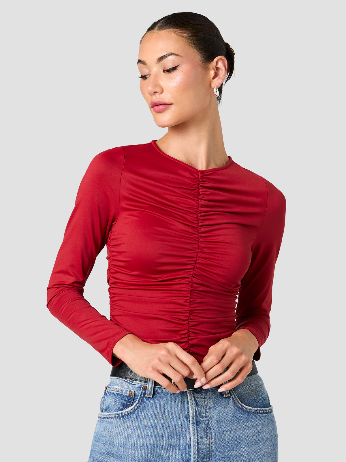 SHAY SLINKY JERSEY KNIT RUCHED TOP VIEW 2