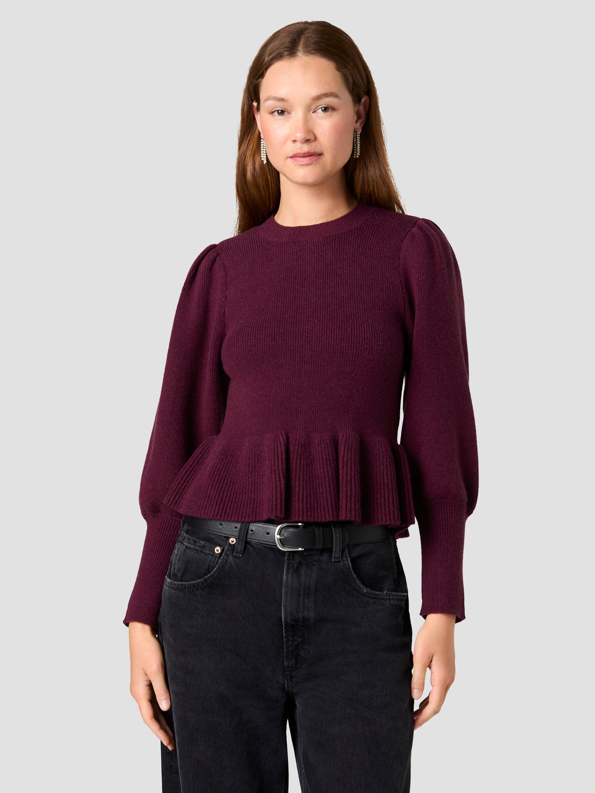 SLOANE KNIT BALLOON SLEEVE PEPLUM PULLOVER SWEATER VIEW 2