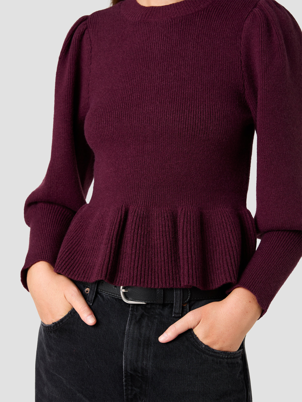 SLOANE KNIT BALLOON SLEEVE PEPLUM PULLOVER SWEATER VIEW 3