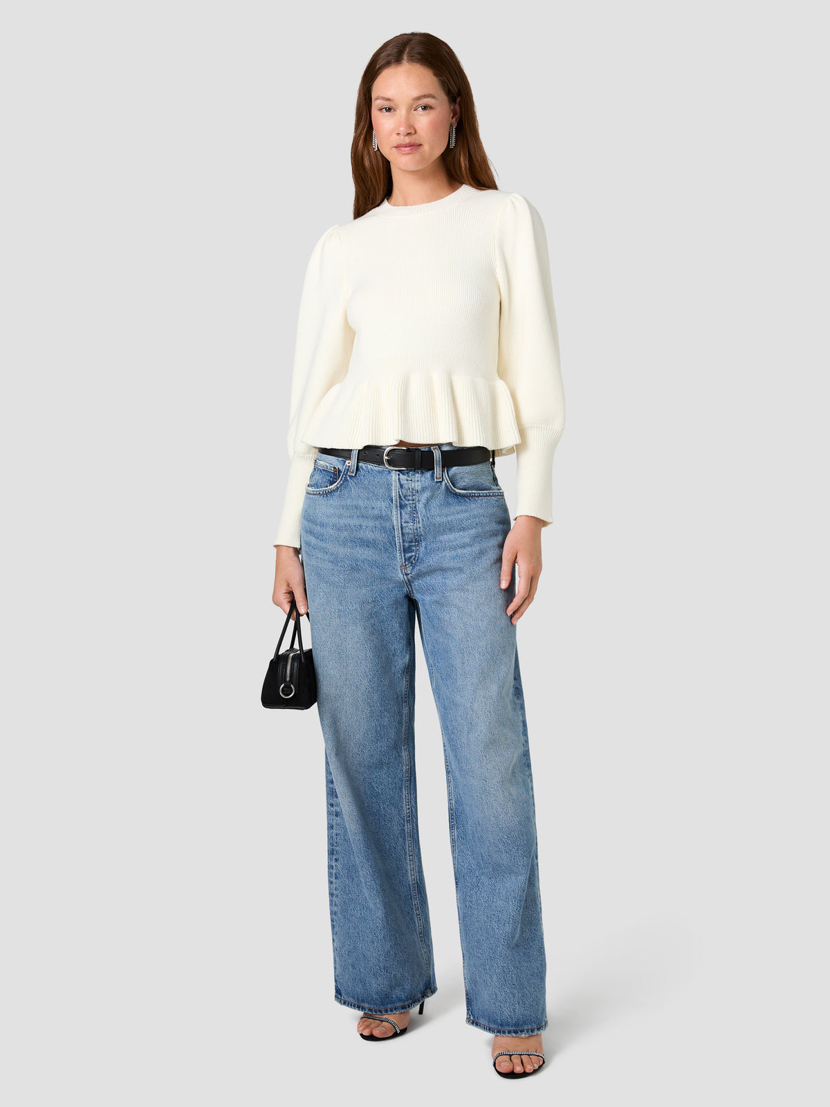 SLOANE KNIT BALLOON SLEEVE PEPLUM PULLOVER SWEATER View 1 | Shirts & Tops