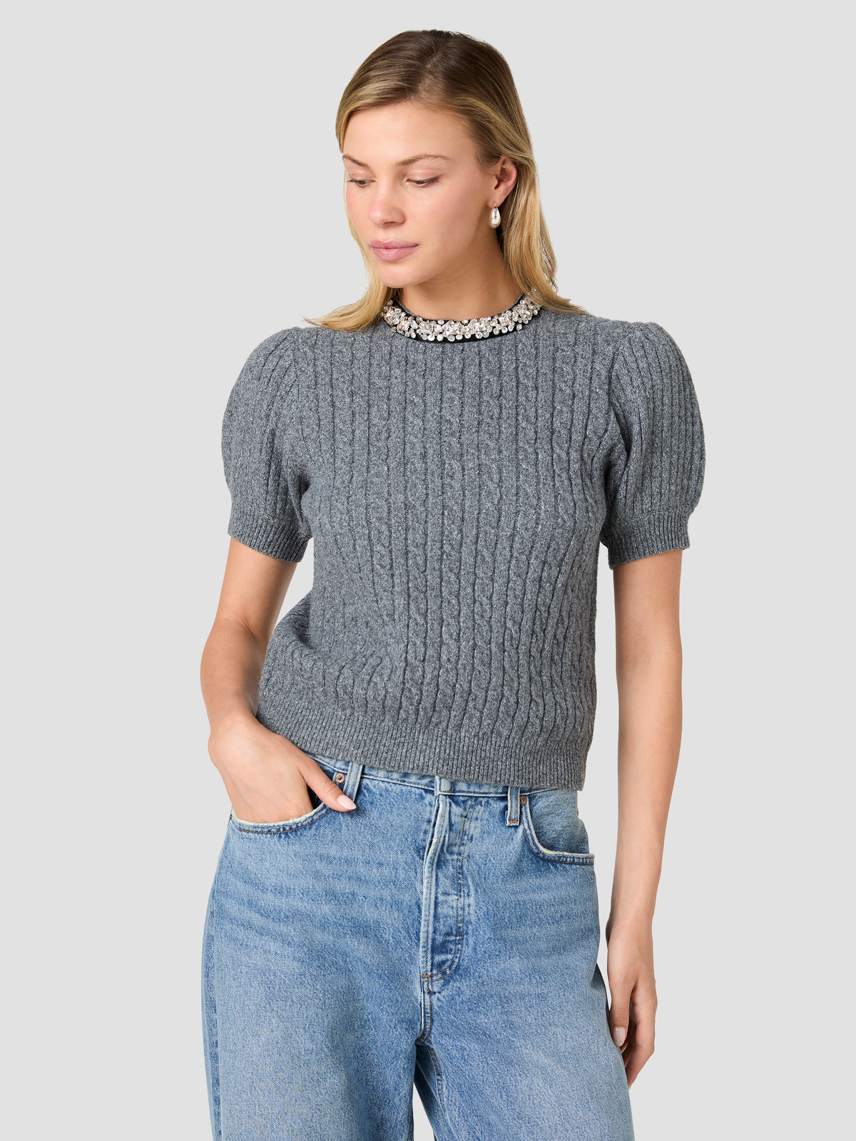 AVEA KNIT CABLE EMBELLISHED SHORT SLEEVE SWEATER VIEW 2