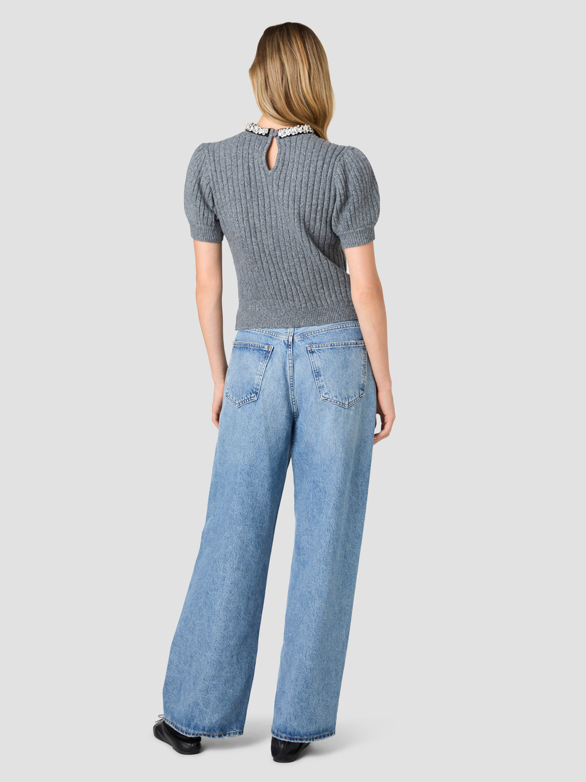 AVEA KNIT CABLE EMBELLISHED SHORT SLEEVE SWEATER VIEW 4