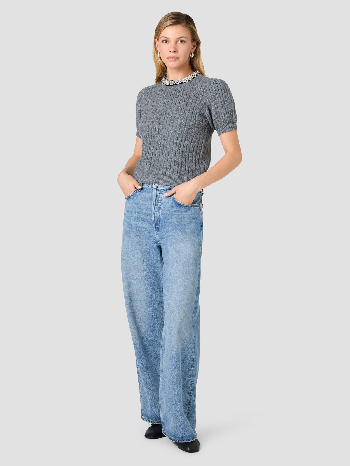 AVEA KNIT CABLE EMBELLISHED SHORT SLEEVE SWEATER VIEW 6