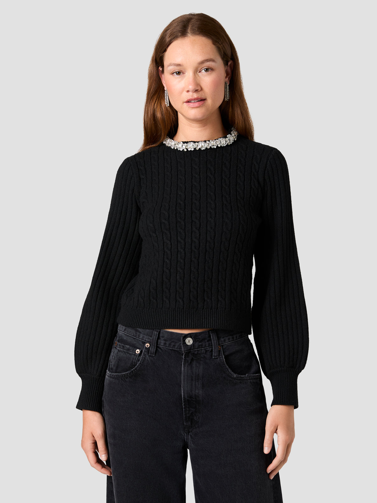 AVEA KNIT CABLE EMBELLISHED LONG SLEEVE SWEATER View 1 | Women's Shop All