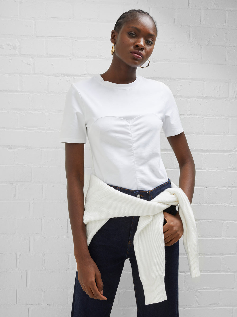 Rosana Cotton Mix Ruched T-Shirt Linen White | French Connection US