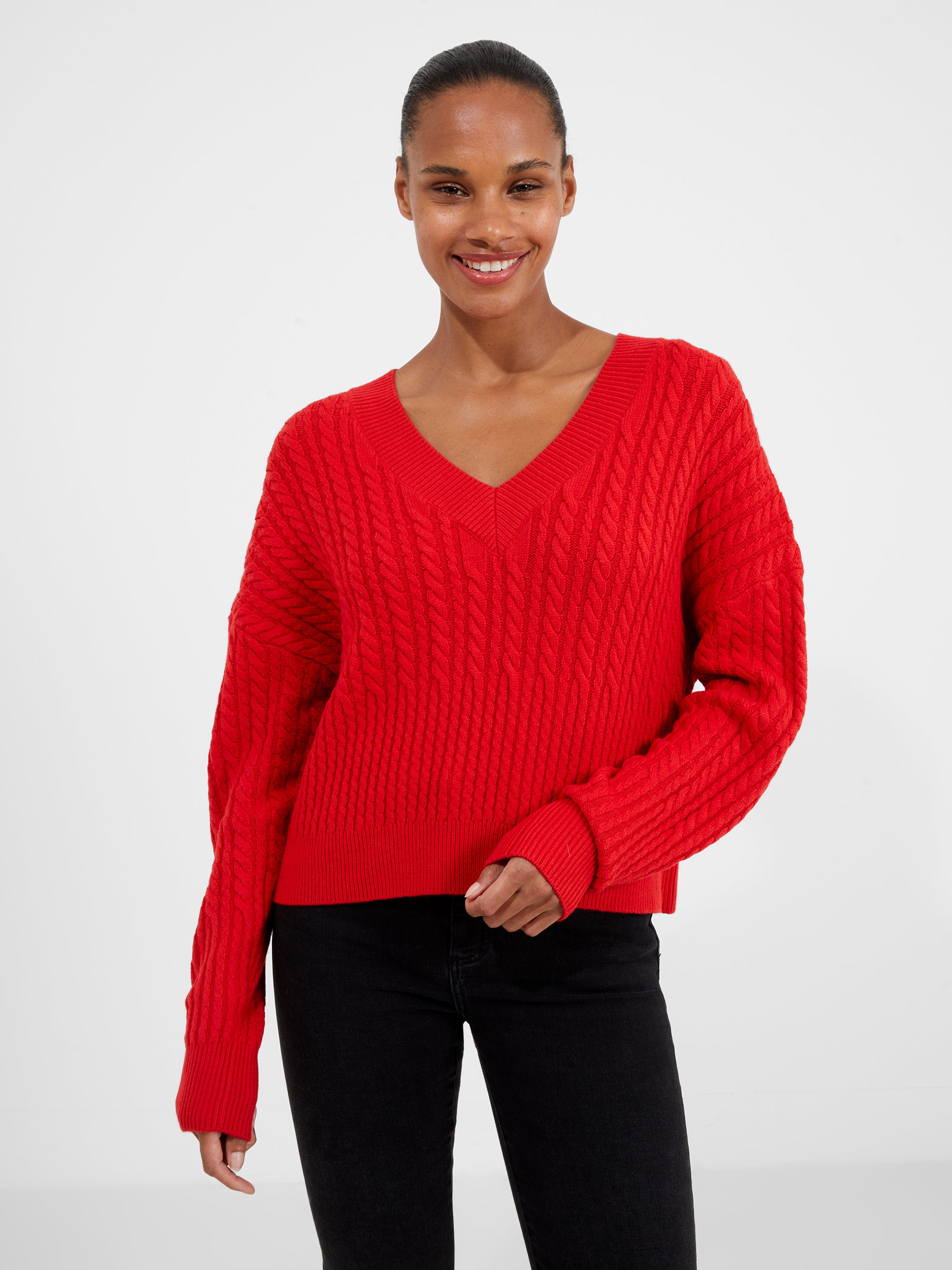V Neck Ralph Lauren Red Sweater Women's Cable Knit Fitted V