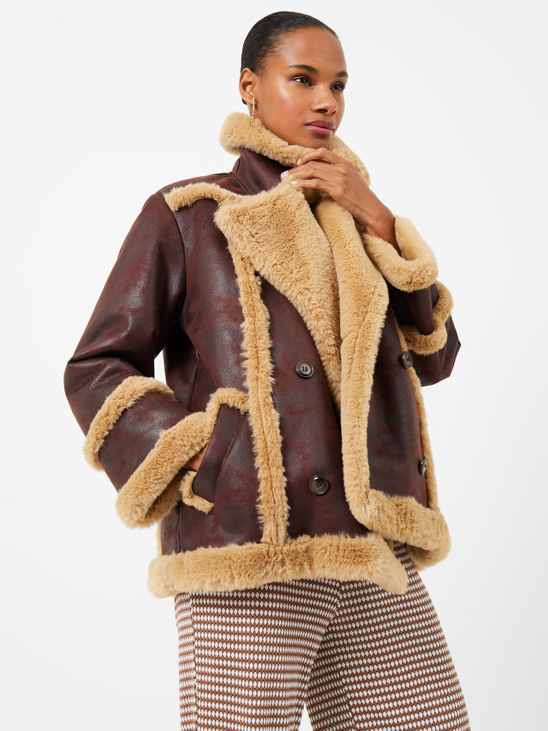 Belen Faux Fur Double Breasted Coat Bitter Chocolate/ Camel