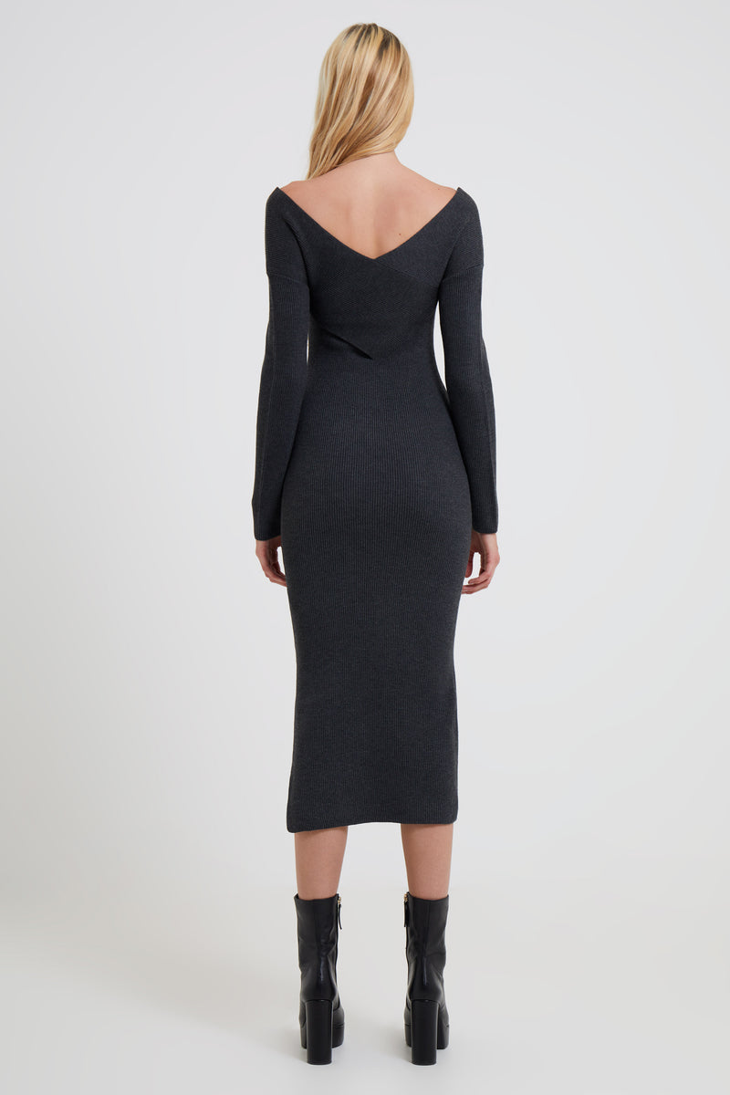 Lydia Knit Bardot Dress Charcoal Mel | French Connection US