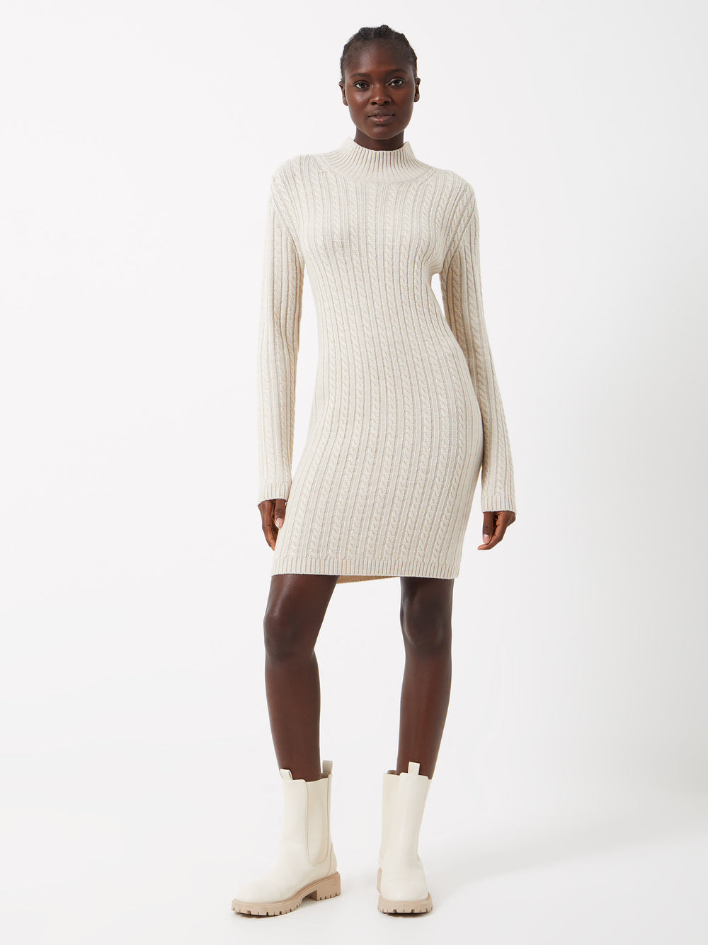 Katrin Cable Long Sleeve Dress Light Oatmeal Mel | French Connection US | Sweatkleider