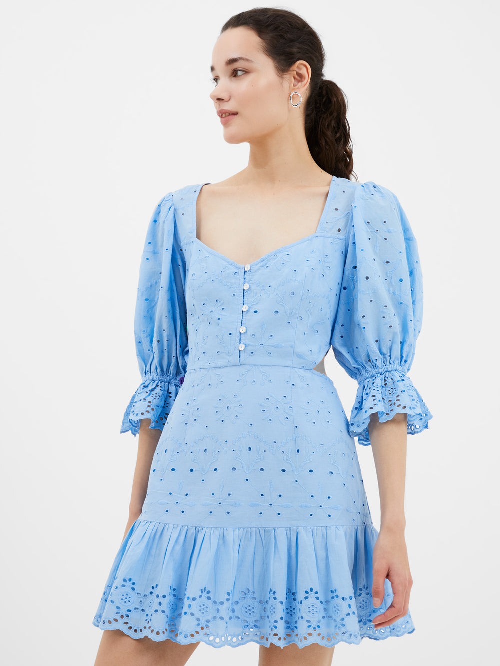 Sundance Puffy Sleeves A-Line Broderie Anglaise Mini Dress in Sapphire Blue