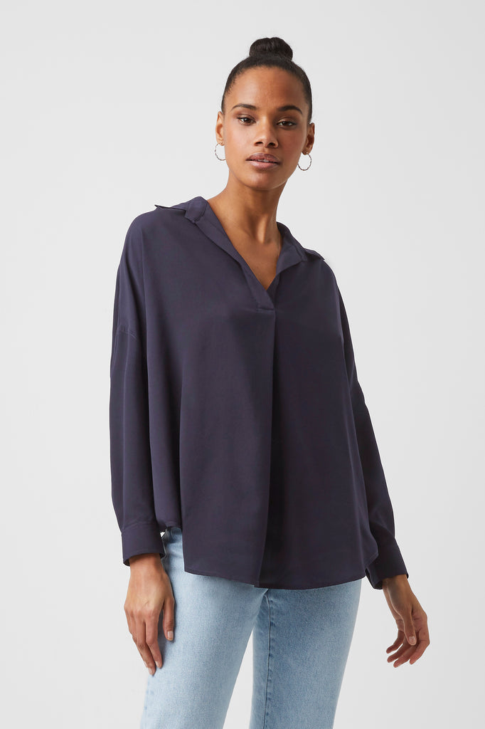 Rhodes Crepe Pop Over Shirt Utility Blue | French Connection US