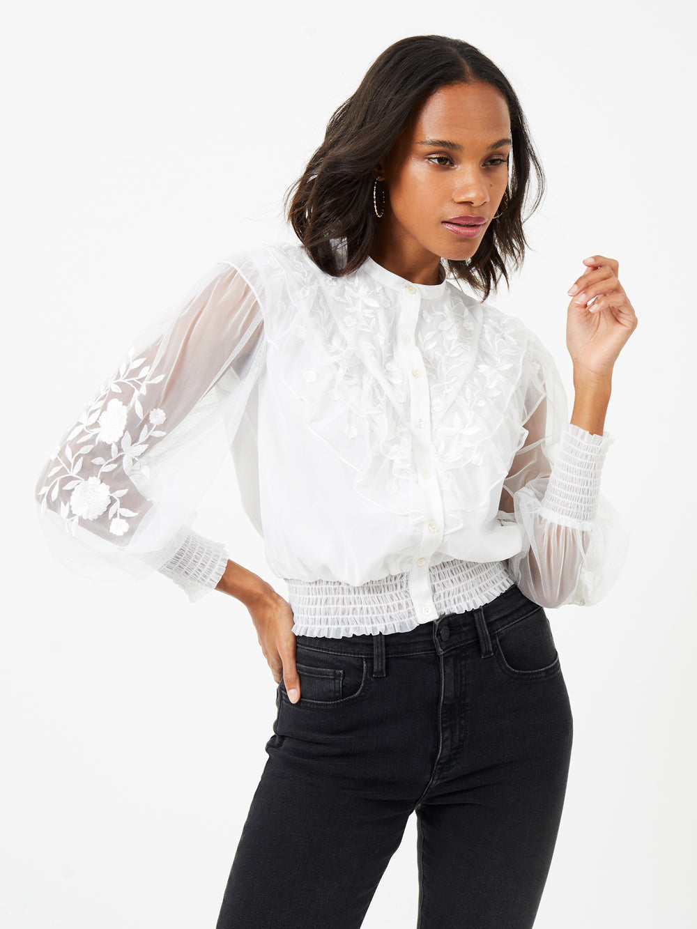 Abra Embroidered Mesh Frill Top Summer White | French Connection US