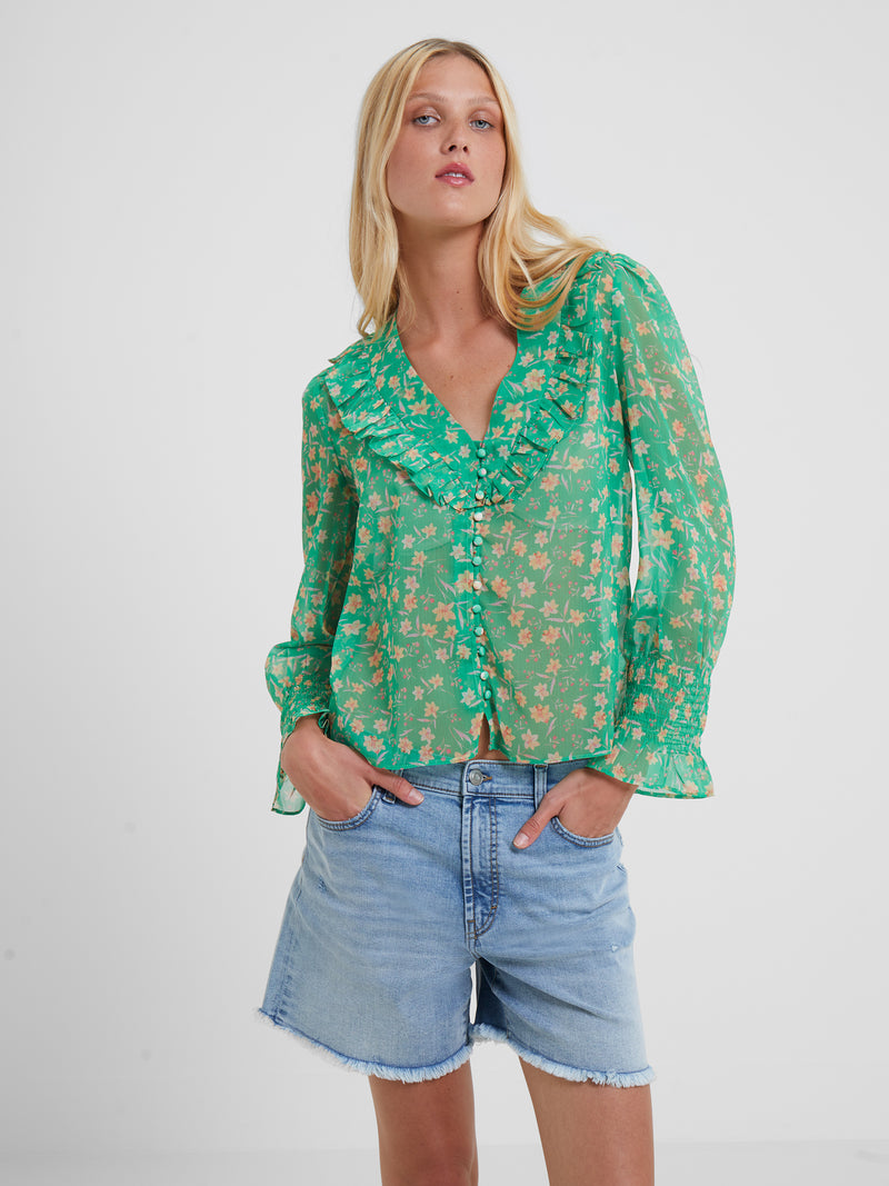 Camille Hallie Crinkle Longsleeve Top Poise Green | French Connection US