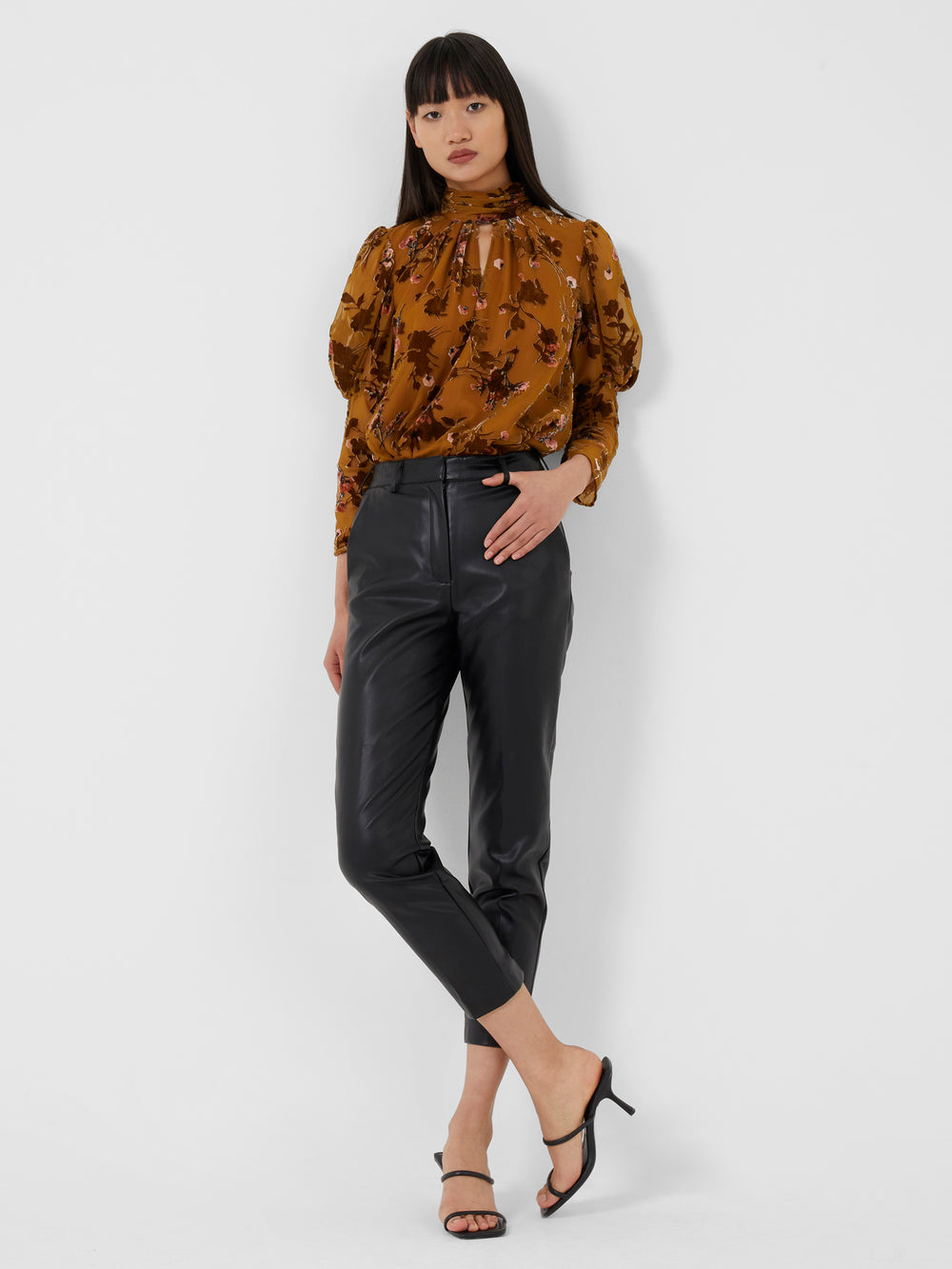 FAUX LEATHER ANIMAL PRINT TROUSERS - Dark camel