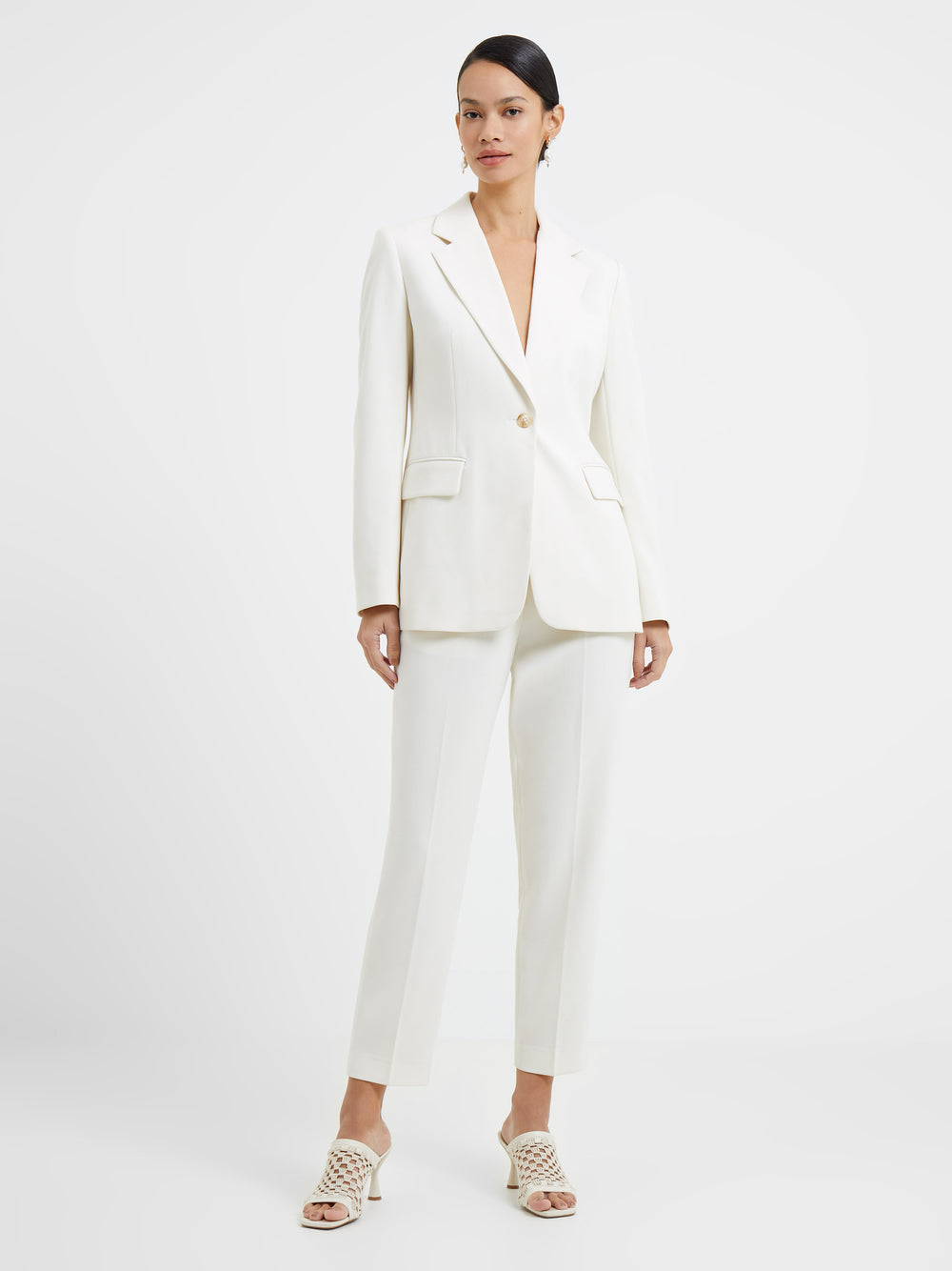 Shop Ivory white suit, metallic silver smoking trench jacket -Deji & Kola