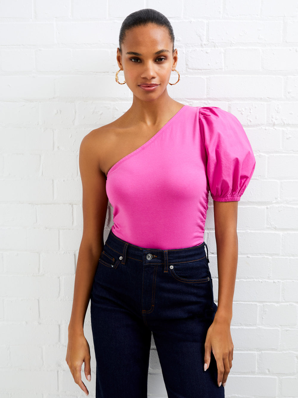 Rosanna One Shoulder Puff Sleeve Top Wild Rosa | French Connection US